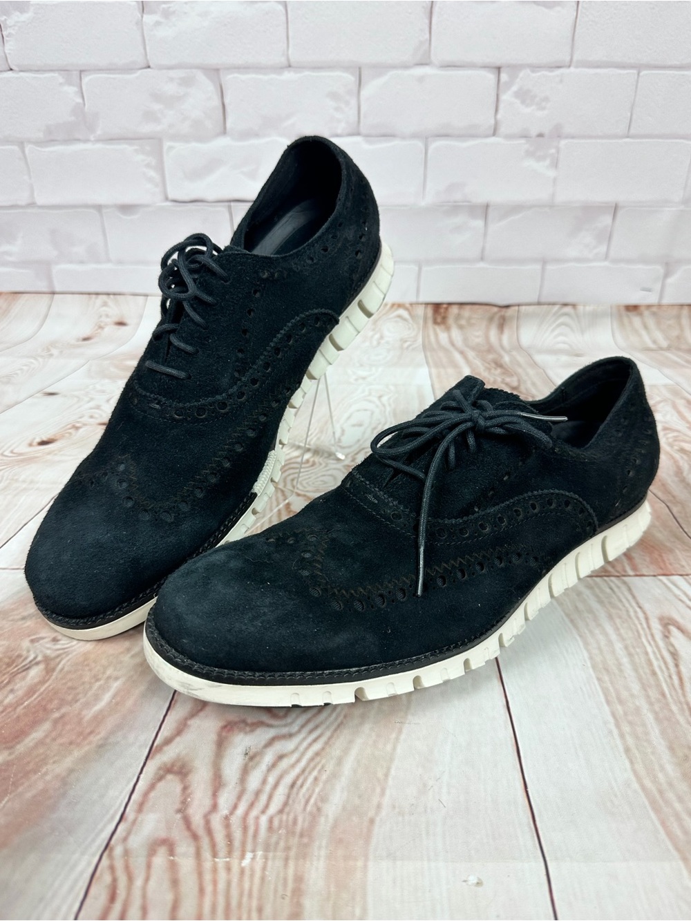 Cole Haan Black Suede Wingtip Derby with Cream White Sole